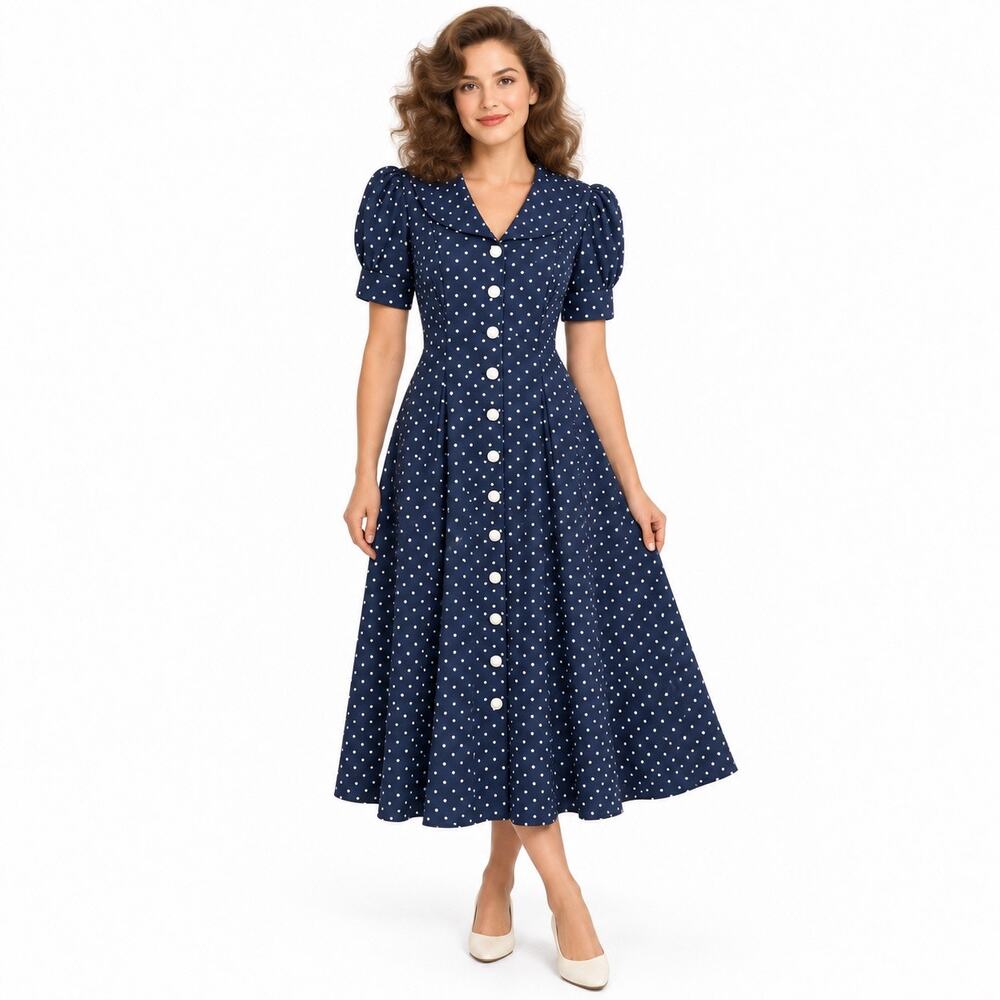 Vintage Tabby California Navy Polka Dot Puff Sleeve Button Midi Dress size 14